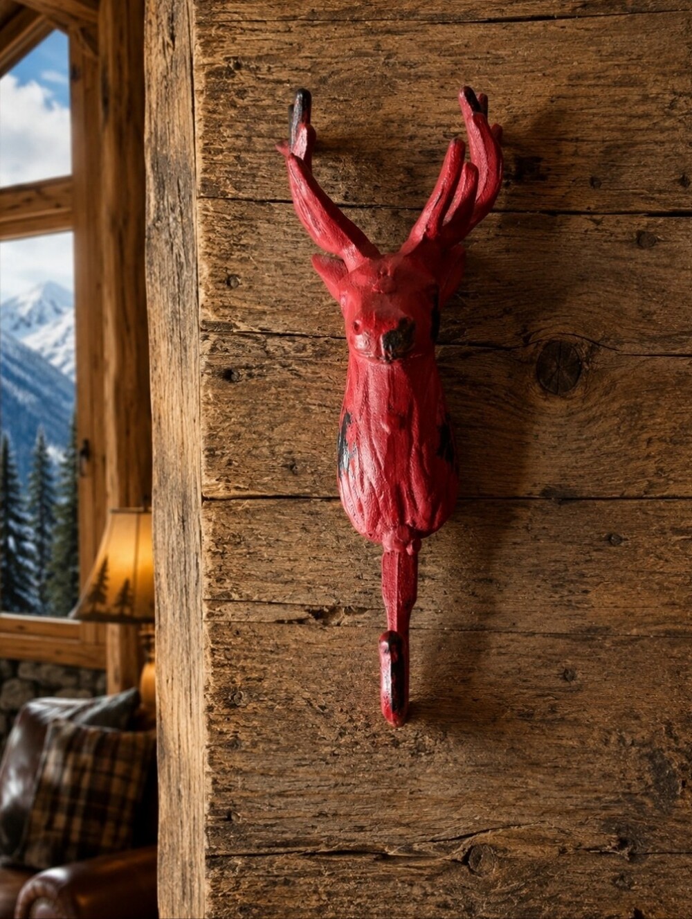 Red Distressed Cast Iron Deer Antlers Coat Rack Hook Cabin Decor Stag Buck Cabin